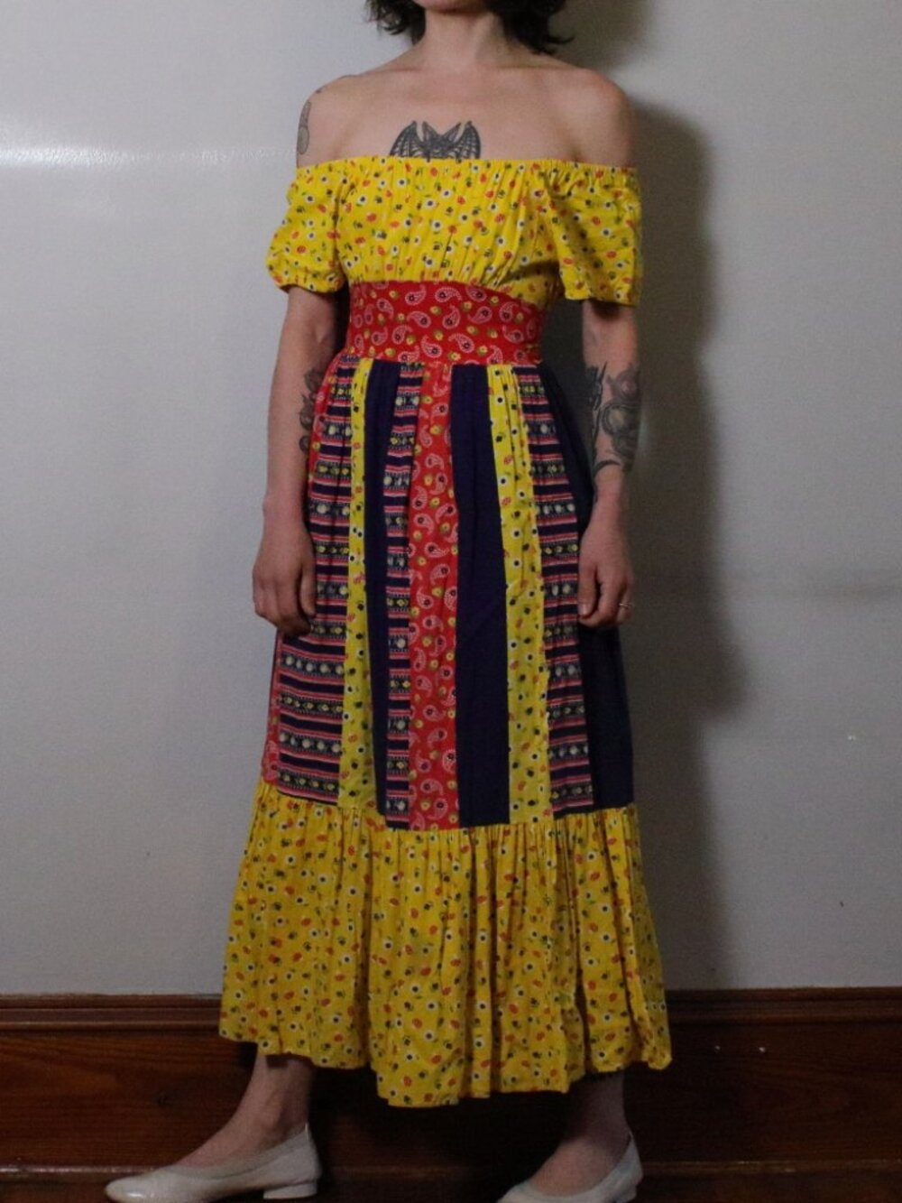 Vintage 70s Vibrant Paisley Maxi Peasant Dress Juniors